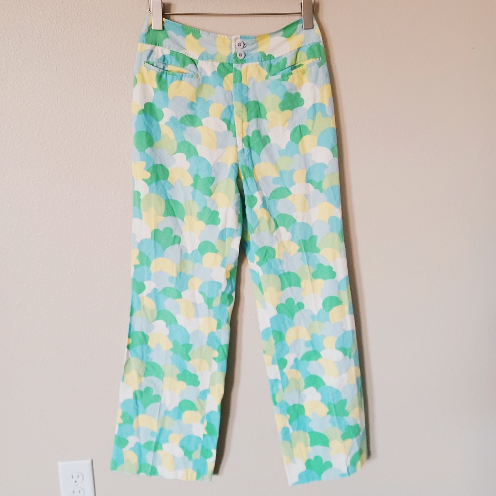 Vintage Retro Green Yellow Print Pattern Pants Trousers Funky Boho Festival 70s
